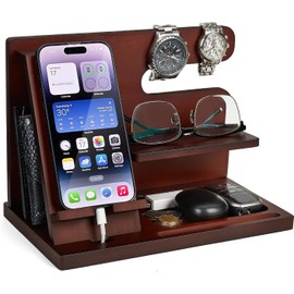 Wood Phone Docking Station, Detachable Nightstand Organizer, Desk Organizer for Husband, Key Holder Wallet Stand Watch Organizer, for Men Husband Wife Anniversary Dad Birthday