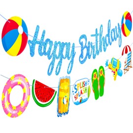 Pool Happy Birthday Banners Blue Glitter Pool Birthday Party Banners Summer Swimming Party Decorations for Pool Theme Baby Shower Supplies