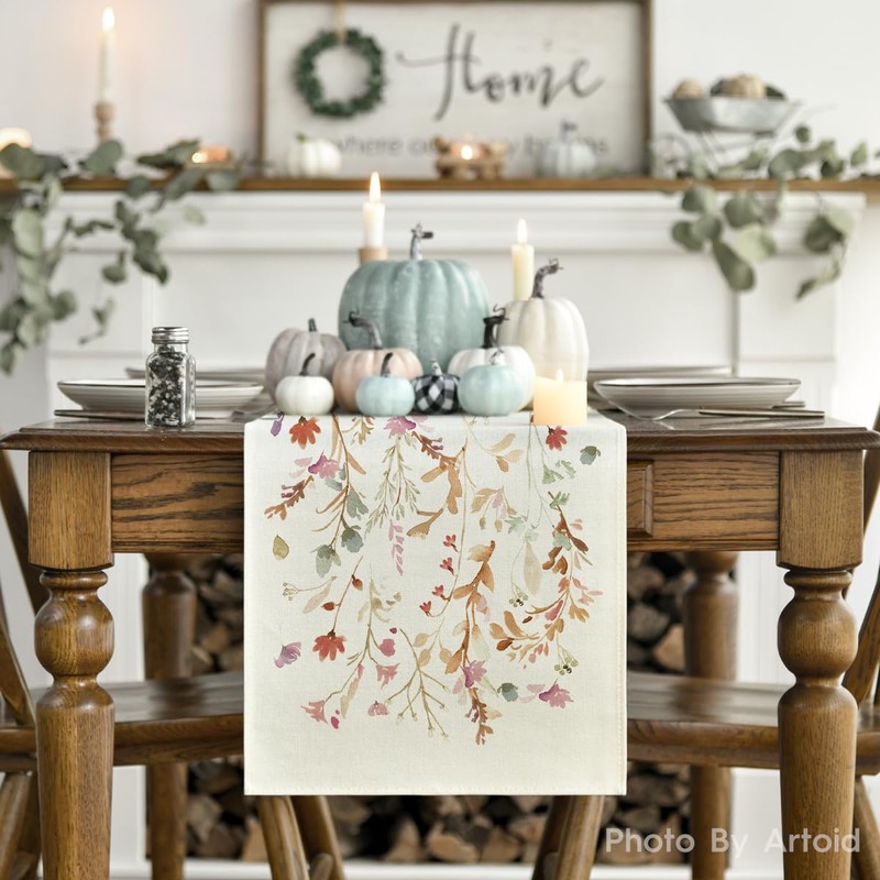 Artoid Mode Flowers Leaves Autumn Table Runner, Seasonal Fall Kitchen