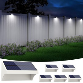 NIORSUN Outdoor Fence Lights, 6 Pack Waterproof LED Solar Fence Lights with 1500mAh Battery, Warm White/Cool White/RGB, Easy-to-Install Wall Light for Deck, Patio, Railing, Stairs, Backyard – White