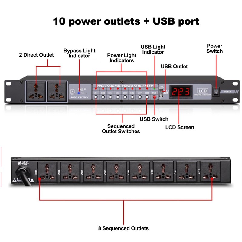 10 Outlet Power Conditioner, 3000W 1U Rack Mount Power Sequencer