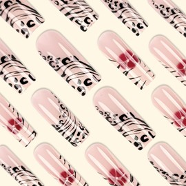 CAEEA Press On Nails Red Flowers Zebra Stripes Square Long False Nails French Nail Tips Artificial Acrylic Nails 24pcs