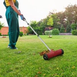 JouZYA Lawn Thatch Rake, 15-Inch Steel Dethatching Tool, Adjustable 0-15° Angle and 38-68 Inch Length, Heavy-Duty Yard Rake for Dead Grass Removal and Lawn Care (Red)