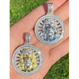 Solid 925 Sterling Silver - Men's Large Jesus Piece - Large 2" Round Medallion With Iced Baguette Man Made Diamonds (Natural Silver)