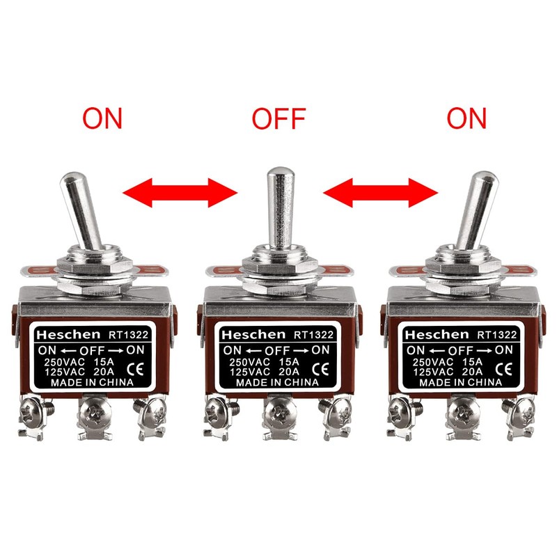 Heschen Metal Toggle Switch, RT1322, DPDT, Maintained Type, ON/OFF/ON, 3