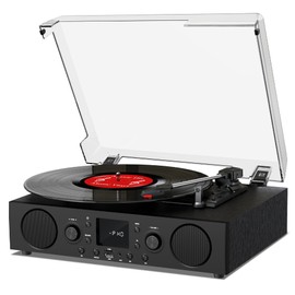 VinylsLink Record Player with Built-in Speakers, Belt-Driven Turntable Support 3-Speed, FM Radio and Bluetooth Receiving, RCA Line Out & AUX in, USB Recording and Auto Stop, Black