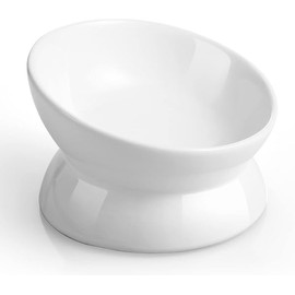 LoeJan Elevated Cat Food Bowl, 5 Oz Ceramic Raised and Tilted Water Bowl, Anti Vomiting and Protect Pets' Spines Dishes for Small Dog, Fat Faced Cat, Kitten (White, 1 Pack)