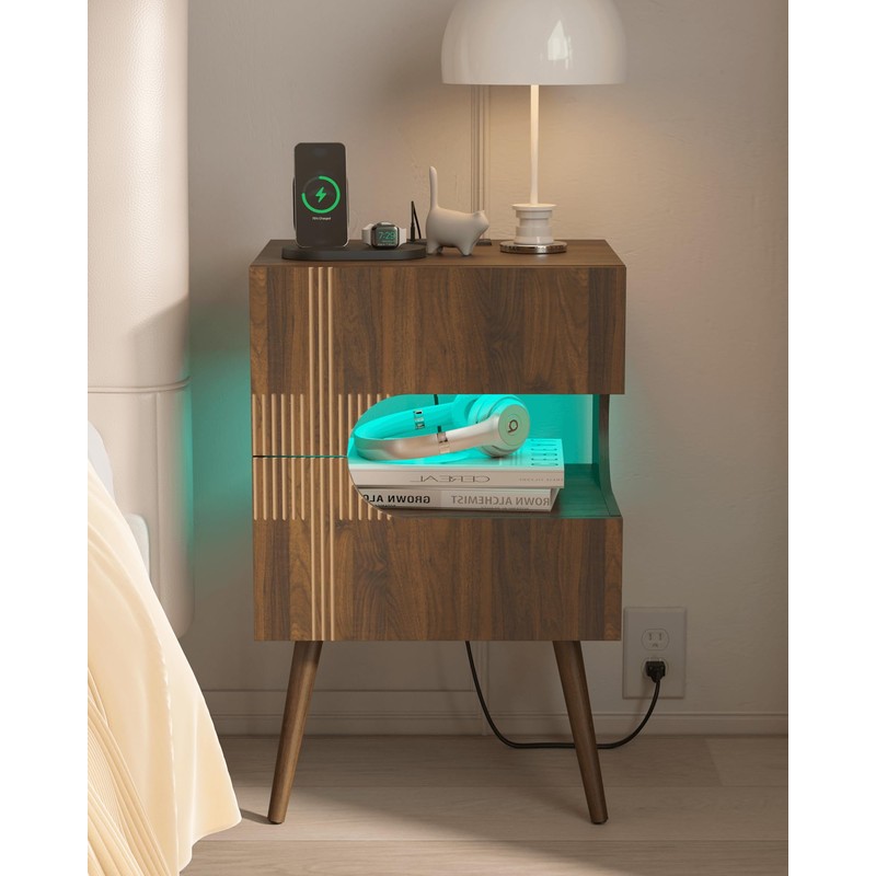 JOONEE Nightstand with Charging Station and LED Lights,Modern Bedside Table