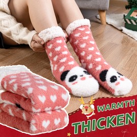 WEVIAS Womens Slipper Fuzzy Socks Winter Thermal Cozy Warm Fleece Lined Non Slip Fluffy Thick Soft Sleep Cabin Socks With Grips (Heart Panda)