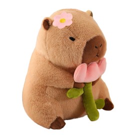 Karoeiwa Capybara Plush Holding Flower 9 inch Cute Tulip Capibara Stuffed Animal Soft Plushies Toys Kawaii Gifts for Kids Brown