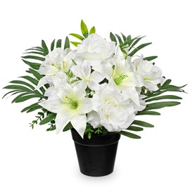 Hollyone Artificial Cemetery Flower for Graves, White Faux Lily Rose Flowers in Pot Silk Cemetery Memorial Flowers for Outdoors Gravesites Headstones Home Decoration