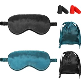 Silk Satin Sleeping Mask Eye Mask Set Include 2 Blindfold Eyeshade Elastic Strap Double Layer Silk Filling Eye Cover 2 Ear Plugs 2 Storage Bags for Women and Men Sleep Travel Nap (Black, Dark Green)