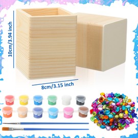 Blueweenly 12 Pcs Wood Pen Holder Unfinished Wooden Boxes, 4 Sets 12 Color Watercolor Paints and 1 Set Acrylic Stickers for DIY Crafts Birthday Party Favor Gift Supplies