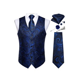 DiBanGu Mens Vest and Tie Set Formal Paisley Waistcoat and Necktie Pocket Square Cufflinks Silk Suit Vest for Tuxedo Wedding, Royal Blue and Black, X-Large