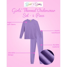 Sweet & Sassy Girls' Thermal Underwear - 4 Piece Waffle Knit Top and Long Johns (Toddler/Girl), Size 10/12, Medium Pink/Lavender