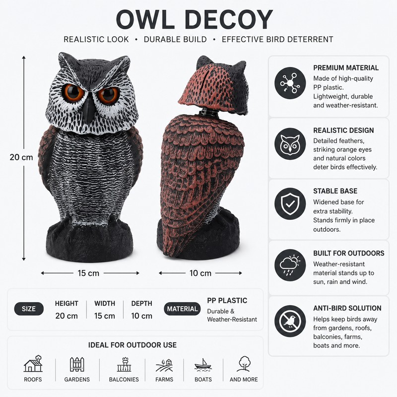 Owl Decoy for Bird Deterrent – Shake Head Garden Scarecrow