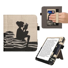 kwmobile Flip Cover Compatible with Kobo Kobo Libra Colour / Tolino Vision Colour - Case with Wrist Strap Reading Woman Black Beige