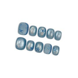 Hantyer Squoval Press On Nails, Handmade Soft Gel Ombre Glossy Fake Nails with Glitter Star, Blue Ombre Holographic Design Full Cover Reusable False Nails for Women 10PCS Kit (Size L)