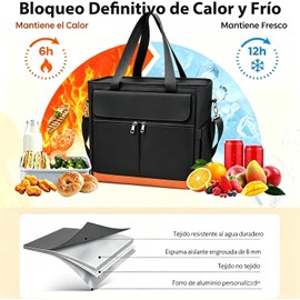Bolsa de Almuerzo 16.2L, Lonchera Térmica para Mujer y Hombre, Lonchera Portátil Impermeable con Forro Antifugas y Correa Ajustable, Incluye Cubiertos, Tote Bag para Oficina, Picnic y Camping (Negro)