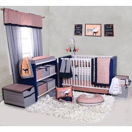 Bacati - Olivia Tribal Coral/Navy Curtain Panel (Sold Individually) (Grid Navy)