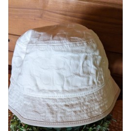 Coach White Signature Jacquard Print Bucket Hat with Leather Rim details O/S NWT