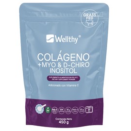 Wellthy Colageno Hidrolizado, Myo & D-Chiro Inositol 450g. Ratio 40:1, Sin Azúcar, Scoop Inlcuído, 30 Porciones con Envase, 100mg de Vitamina C, Bottle Free