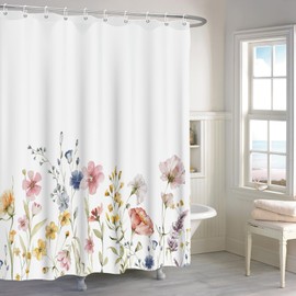 Renaiss 72x72 Inches Watercolor Floral Shower Curtain Colorful Pastel Wildflower Flower with Leaves Botanical Fabric Shower Curtains for Bathroom Decor Sets Polyester Waterproof with Hooks