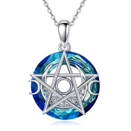 POTOPYY Collar de plata de ley con colgante de pentagrama y pentáculo de triple luna, diosa mágica pagana Wiccana, árbol de la vida, joyería para mujer, Plata esterlina, cristal