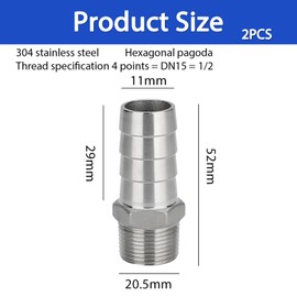 2 Pcs Stainless Steel Barb Hose Fitting, 12 MM Barb to 1/2" BSP Male Hose Barb Fittings, Compression Fitting for Water, Industrial
