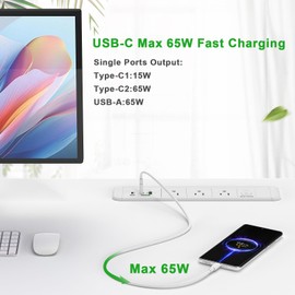 Recessed Power Strip with PD 65W USB-C/USB-A Port Fast Charging Station 3 AC Outlets,White Recessed Power Outlet Socket, Overload Desk Outlet Connect with 6 ft Swivel Power Cord for Furniture/Office.