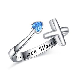 YMHOP Sterling Silver True Love Waits Heart Cross Ring Blue Purple CZ Adjustable Ring Jewelry Gift for Women Girls, Sterling Silver, Cubic Zirconia
