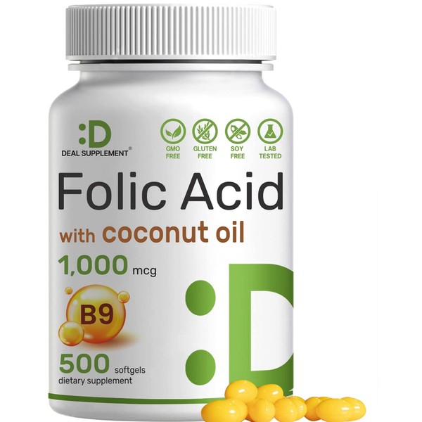 DEAL SUPPLEMENT Folic Acid 1000 mcg (1 mg), 500 Coconut Oil Softgels | Bioavailable Prenatal Vitamins (Vitamin B9) – 1,667 mcg DFE – Easy to Swallow, Non-GMO, & No Gluten