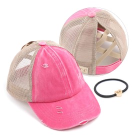 C.C Kids Vintage Ponytail Baseball Cap – Toddler Hat with Criss-Cross Elastic Back for Buns & Ponytails, Soft Cotton, Adjustable, Fits 20"-21" Head (Ages 2-5) (A Crossed Elastic Band-Pink)