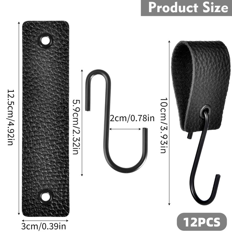 XHTXHT Pack of 12 S Hooks, Black with Leather Loop,