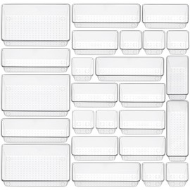 25 Piece Clear Drawer Organizer Set, 4 Sizes Bathroom Vanity Organizer Trays and Storage Bins for Makeup, Cosmetics, Jewelry, and Gadgets. Perfect for Office, Kitchen, Bedroom, Bathroom Use.