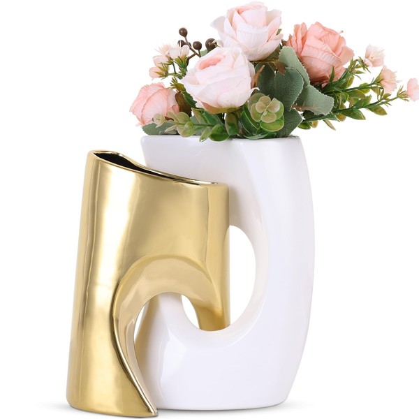 Funky White and Gold Vase Set of 2, Donut Gold