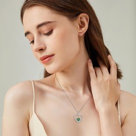 FJ Heart Emerald Necklaces for Women 925 Sterling Silver May Birthstone Pendant Necklace Emerald Jewellery Gifts for Women Mom Wife Girls Her