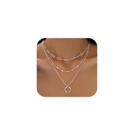 Poxtex Silver Layered Necklaces for Women,925 Sterling Silver Dainty Stackable Choker Necklaces for Women,Trendy Layering Circle Paperclip Chain Pendant Necklace Set Jewelry Gifts for Women