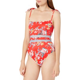 Jessica Simpson Traje de baño de una Pieza para Mujer de Cuello Recto, Correa de Espagueti Floral roja., XL