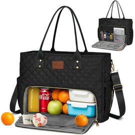 KKXIU Lunch Tote Bag for Teacher & Nurse, 15.6 Inch Laptop Tote with Insulated Lunch Box Pocket for Women, Professional Computer Work Bag for School, Office, Nursing - Black