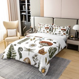 Mushroom Duvet Cover 100% Cotton Wild Butterfly Dragonfly Botanical Leaves Bedding Set for Kids Teens Adults Outdoor Jungle Plants Natural Creature Comforter Cover with 2 Pillowcases Full Size 3 Pcs