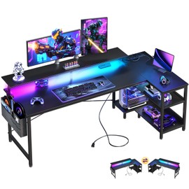 ODK 66 Inch Gaming Desk with USB Charging Ports and LED Lights, Reversible L Shaped Computer Desk with Storage Shelves & Monitor Stand, Corner Gamer Desk Table with Power Outlets, Carbon Fiber Black