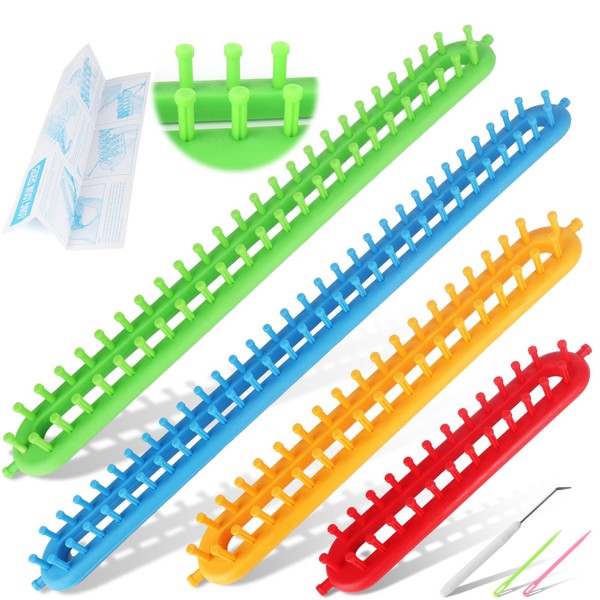 Katech 4 pcs Rectangular Knitting Loom Different Sizes, Colorful Plastic Weaving Looms Set with a Knitting Needles, Long Loom Knitting for Handmade Craft Kit Scarf Hats (Color Is Random)