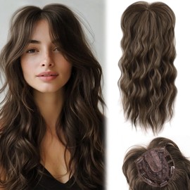 Hair Toppers for Women 20inch Chestnut Brown Wavy Curl Hair Toppers for Women Clip In Toppers Hair Pieces for Women with Thinning Hair Synthetic Hair Topper Wiglets with Fringe Bang