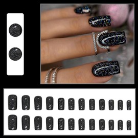 Ceboic Pack of 24 Nails for Sticking, Square, Short, French Tip, Black Glitter Artificial Nails, Press On Nails with Nail Glue Sticker, Reusable Acrylic False Nails for Women and Girls