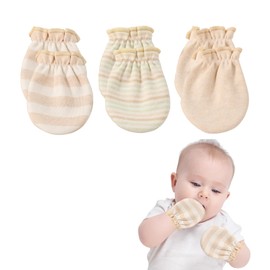 Coollooda Baby Mittens, Newborn Baby Gloves, Cotton, 3-Piece Set, Breathable, Soft, Prevents Scrunching, Protection, For Babies, 0-6 Months, Cute Girls, Boys, Baby Gift, Baby Gift, beige