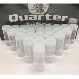 COIN STORAGE TUBES, clear plastic w/ screw on tops for Quarters (Qty of 25 tubes)