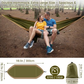 XXL Hammock for 2 People, 300 x 200 cm, Foldable, Ultralight & Portable, Outdoor Hammocks with 300 kg Load Capacity, Perfect for Garden, Camping, Travel (Military Green)
