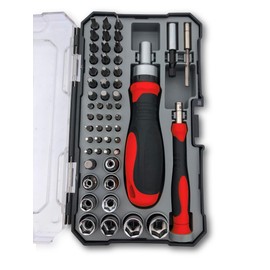 Apollo Tools Versatile 55-Piece Metric Tool Set with Ratcheting Bit Driver, Precision Bit Driver, Twenty-One Inch Bit, Precision Bit Handle and Bits and Socket Assortments in Clear-Lid Case- DT5024