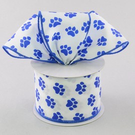 2.5" Wide Expressions Satin Paw Print Satin Wired Ribbon Blue & White (10 Yards) Blue Wired Edge